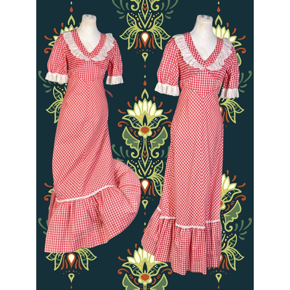 Vintage 70s Jody T of Calif  Prairie Red White Gingham Eyelet Maxi Dress 9
